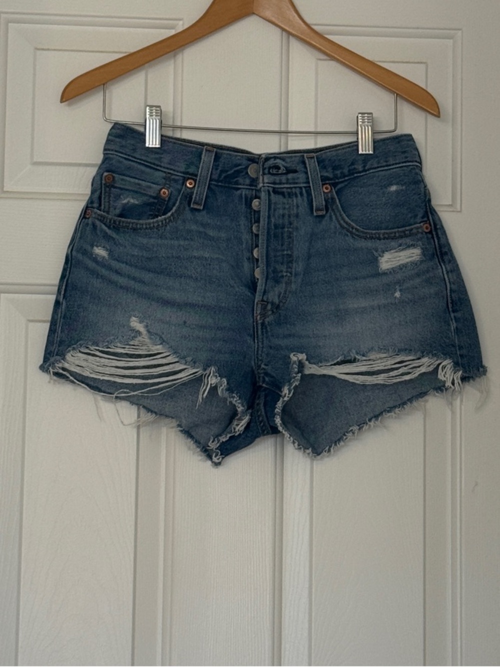 Levi's Distressed Dark Blue Denim Cutoff Shorts